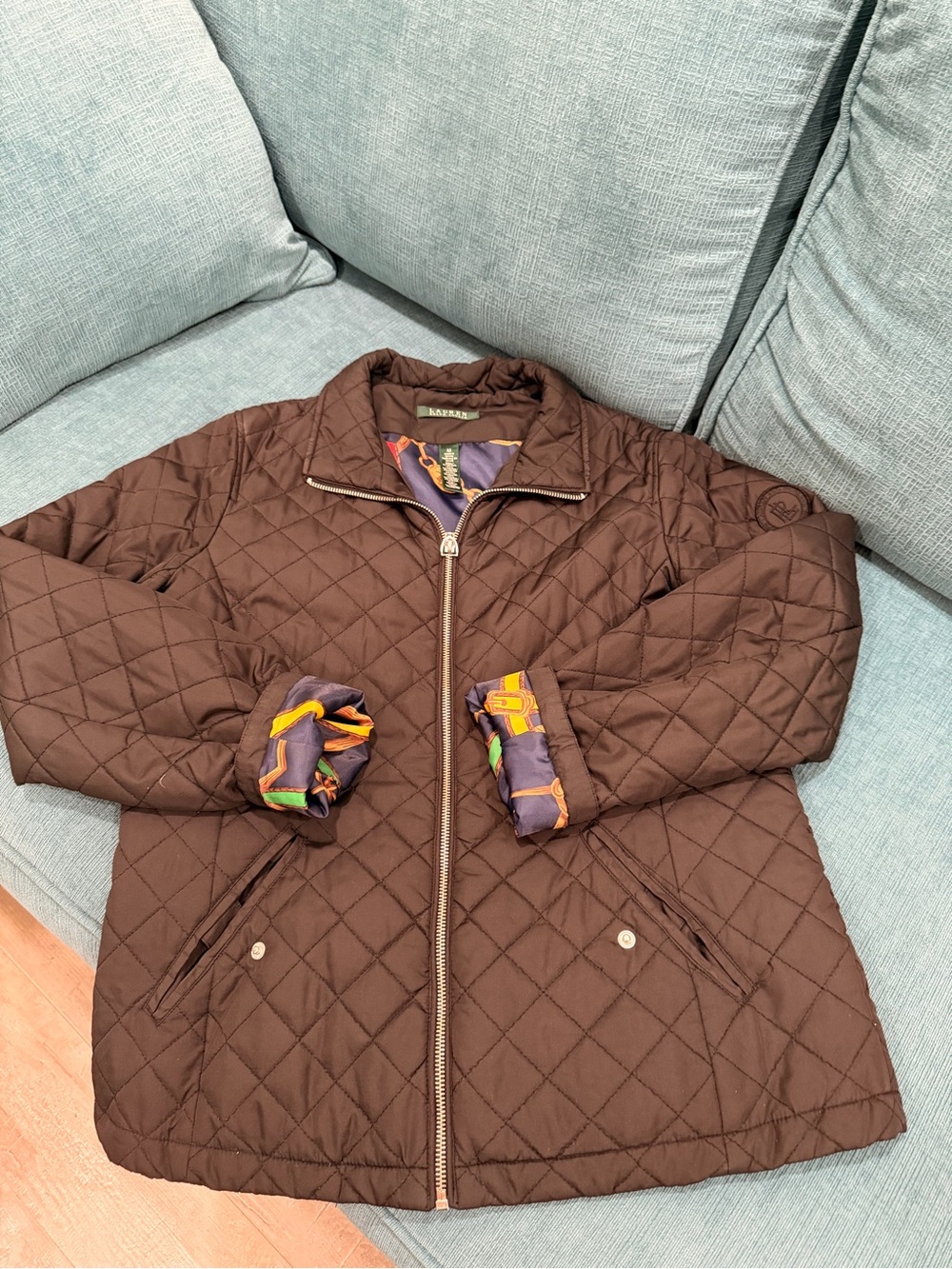 Ralph Lauren Brown Quilted Puffer Jacket with Color-Trim Cuffs